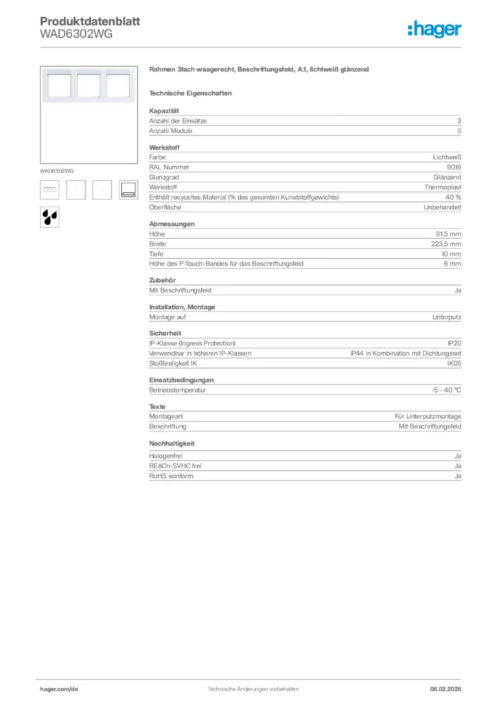 Bild Hager Produktdatenblatt WAD6302WG | Hager Deutschland