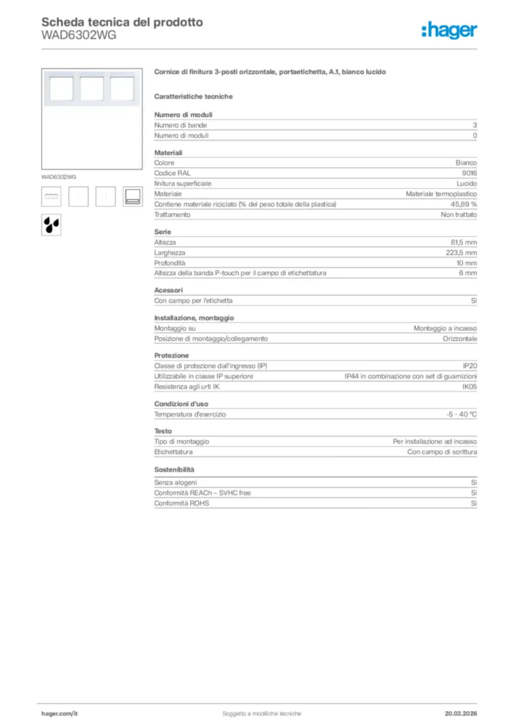 Immagine Hager Scheda tecnica del prodotto WAD6302WG | Hager Italia