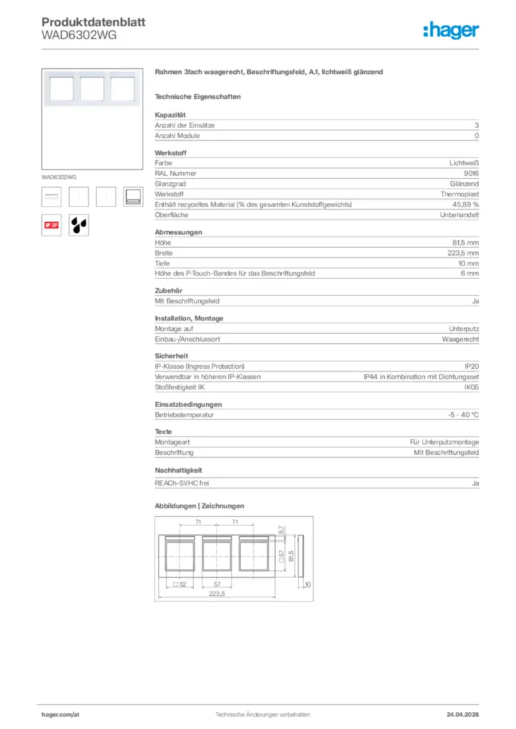 Bild Hager Produktdatenblatt WAD6302WG | Hager Deutschland