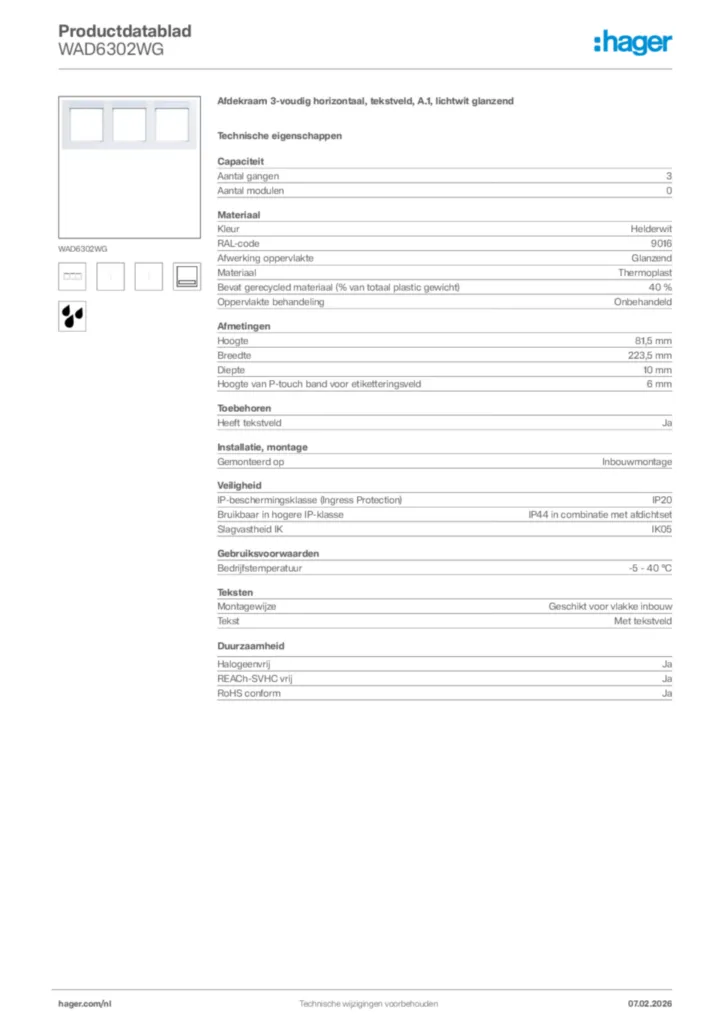 Afbeelding Hager Productdatablad WAD6302WG | Hager Nederland