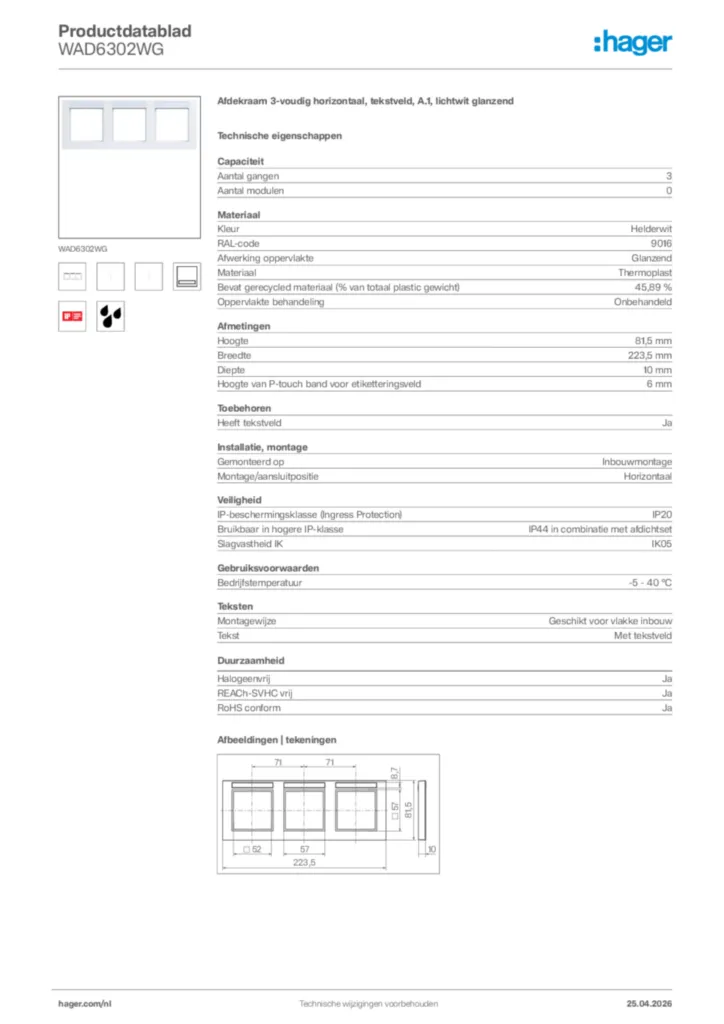 Afbeelding Hager Productdatablad WAD6302WG | Hager Nederland
