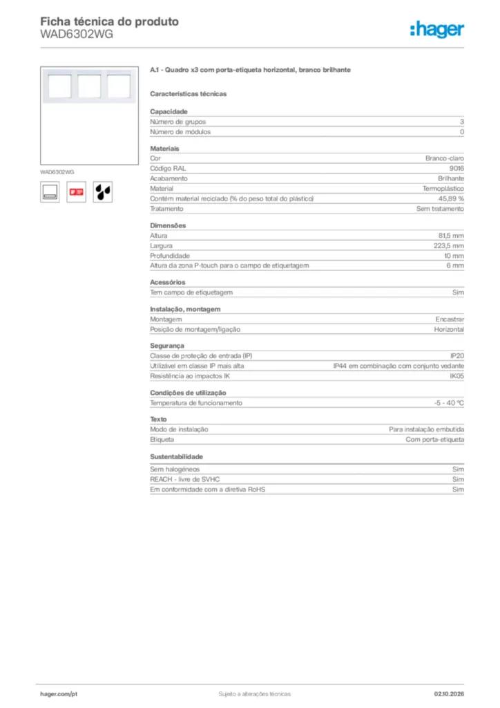 Imagem Hager Ficha técnica do produto WAD6302WG | Hager Portugal