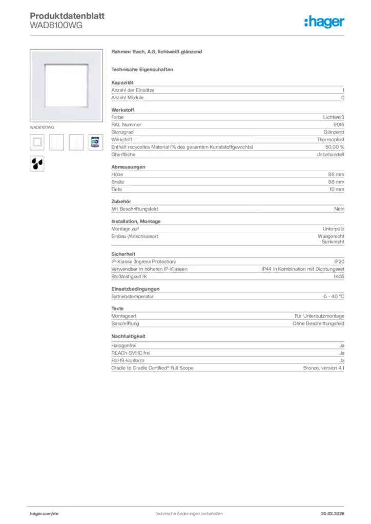 Bild Hager Produktdatenblatt WAD8100WG | Hager Deutschland