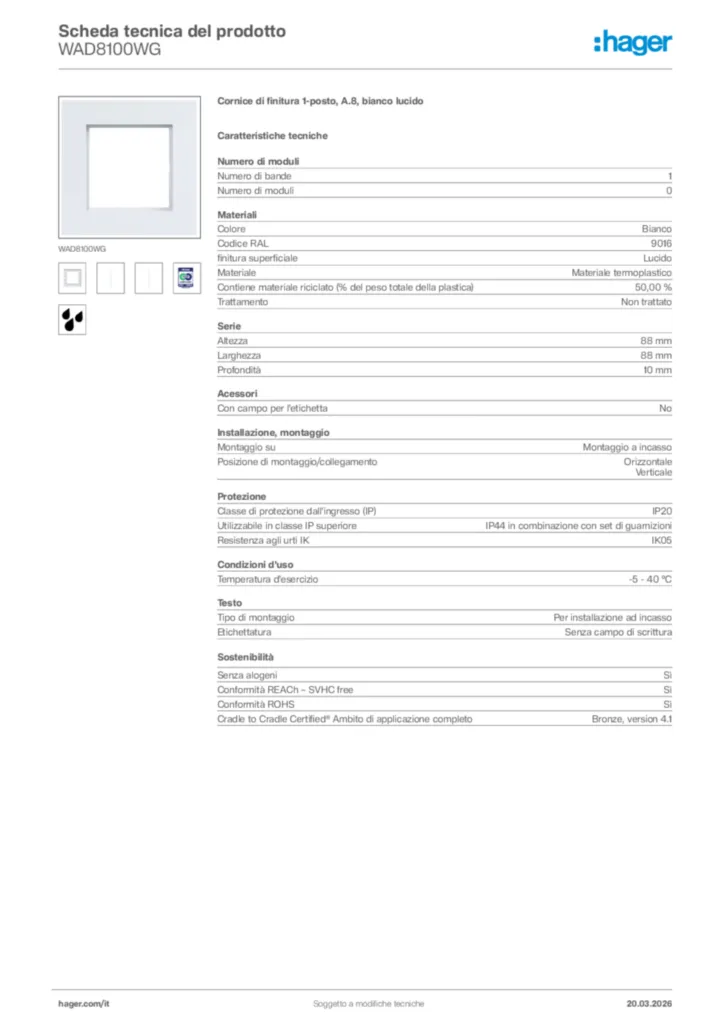 Immagine Hager Scheda tecnica del prodotto WAD8100WG | Hager Italia