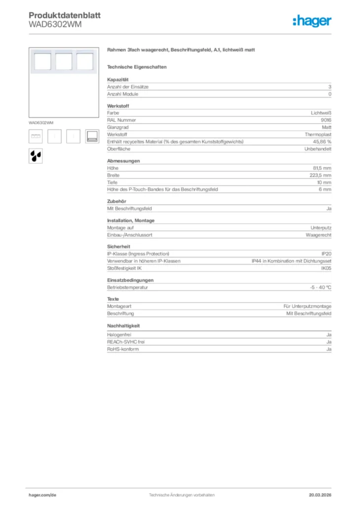 Bild Hager Produktdatenblatt WAD6302WM | Hager Deutschland