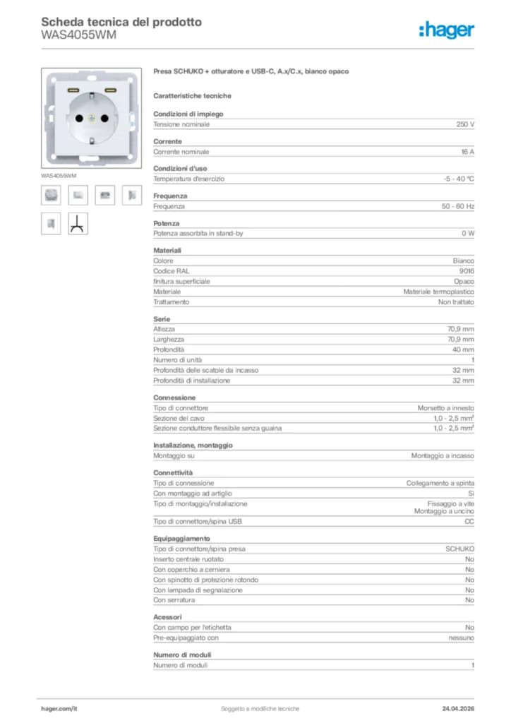 Immagine Hager Scheda tecnica del prodotto WAS4055WM | Hager Italia
