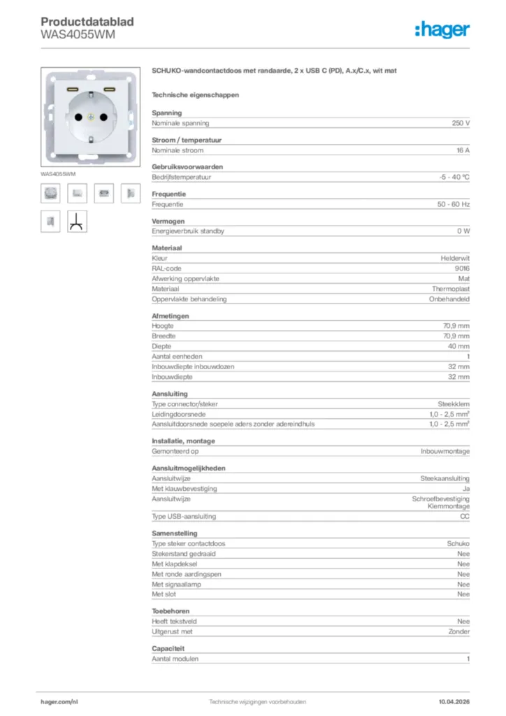 Afbeelding Hager Productdatablad WAS4055WM | Hager Nederland
