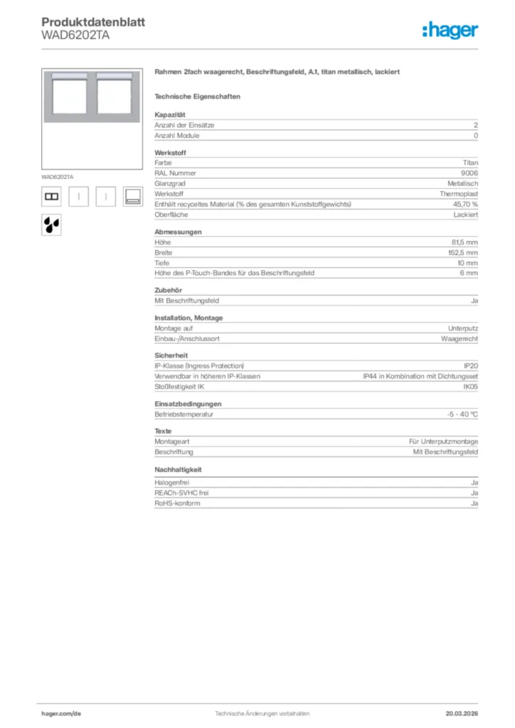 Bild Hager Produktdatenblatt WAD6202TA | Hager Deutschland