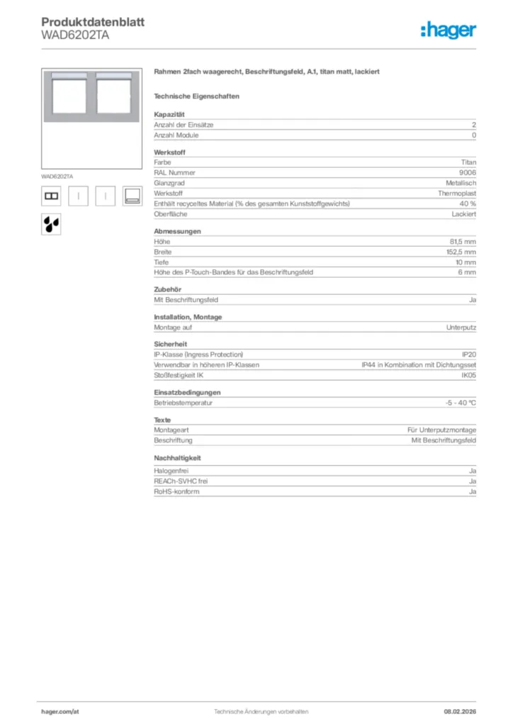 Bild Hager Produktdatenblatt WAD6202TA | Hager Deutschland