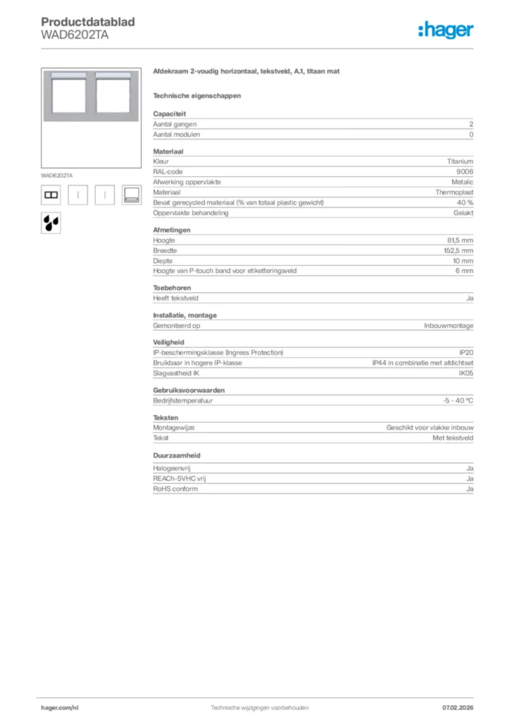 Afbeelding Hager Productdatablad WAD6202TA | Hager Nederland