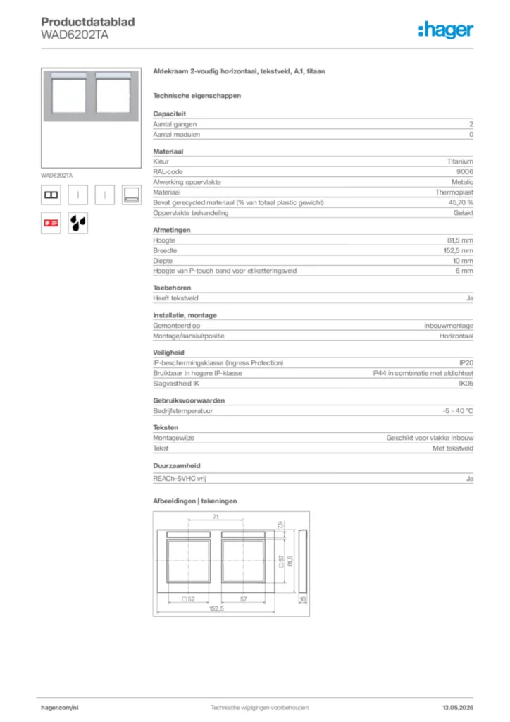 Afbeelding Hager Productdatablad WAD6202TA | Hager Nederland