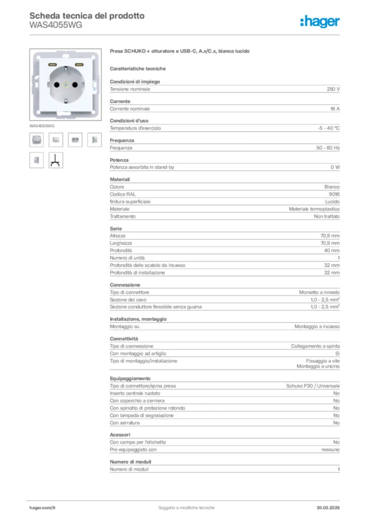 Immagine Hager Scheda tecnica del prodotto WAS4055WG | Hager Italia