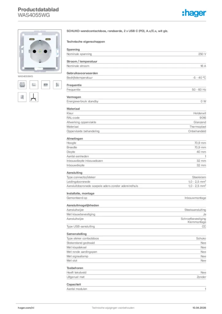 Afbeelding Hager Productdatablad WAS4055WG | Hager Nederland
