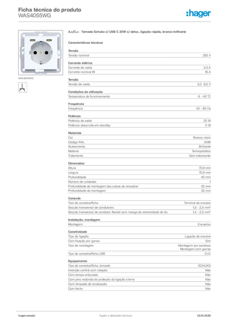 Imagem Hager Ficha técnica do produto WAS4055WG | Hager Portugal