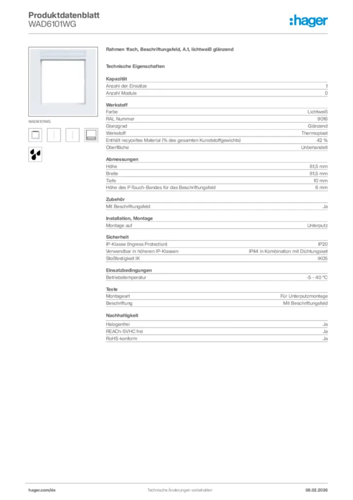 Bild Hager Produktdatenblatt WAD6101WG | Hager Deutschland