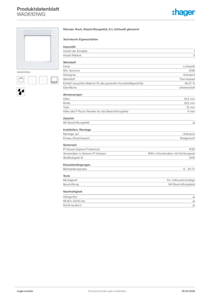 Bild Hager Produktdatenblatt WAD6101WG | Hager Deutschland