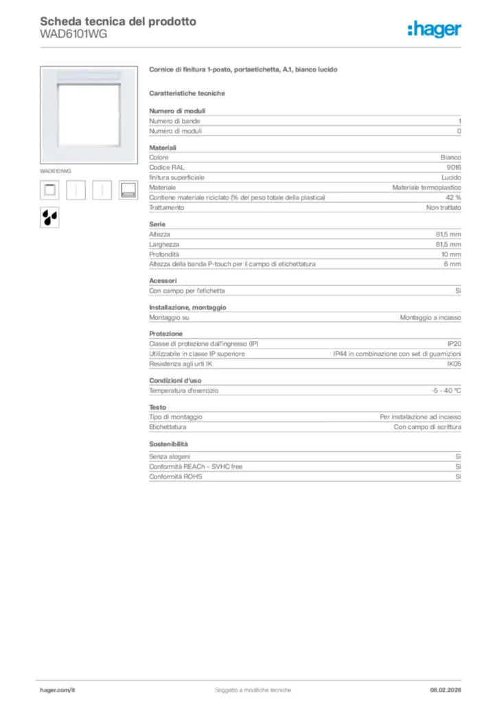 Immagine Hager Scheda tecnica del prodotto WAD6101WG | Hager Italia