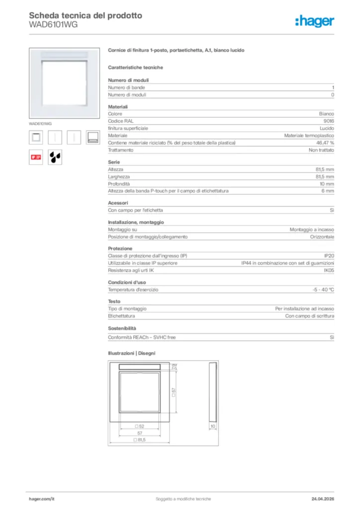 Immagine Hager Scheda tecnica del prodotto WAD6101WG | Hager Italia