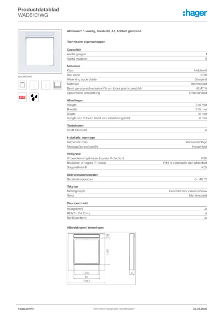 Afbeelding Hager Productdatablad WAD6101WG | Hager Nederland
