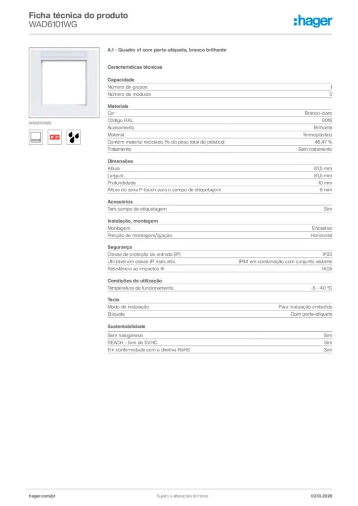Imagem Hager Ficha técnica do produto WAD6101WG | Hager Portugal