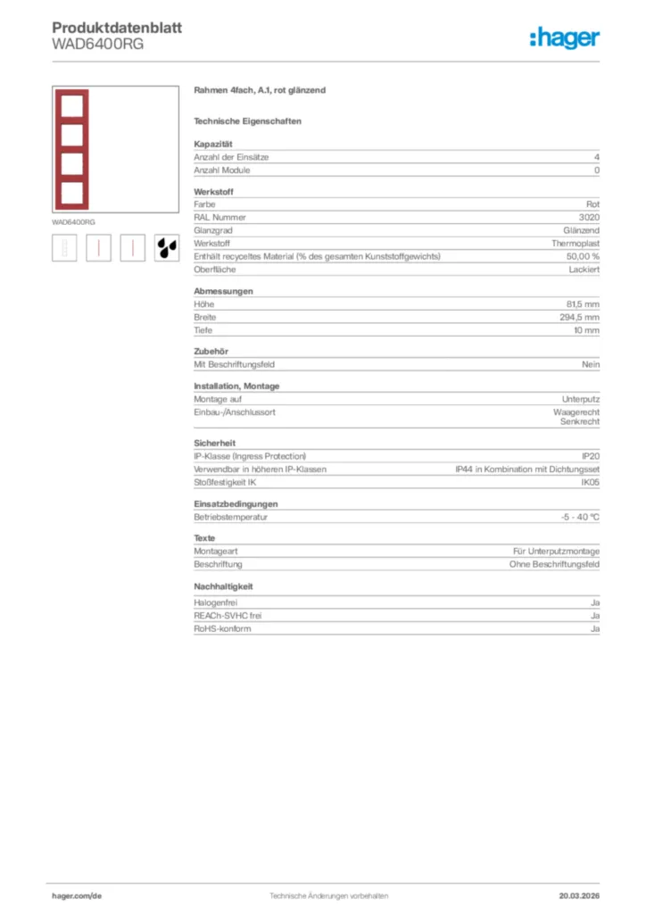 Bild Hager Produktdatenblatt WAD6400RG | Hager Deutschland