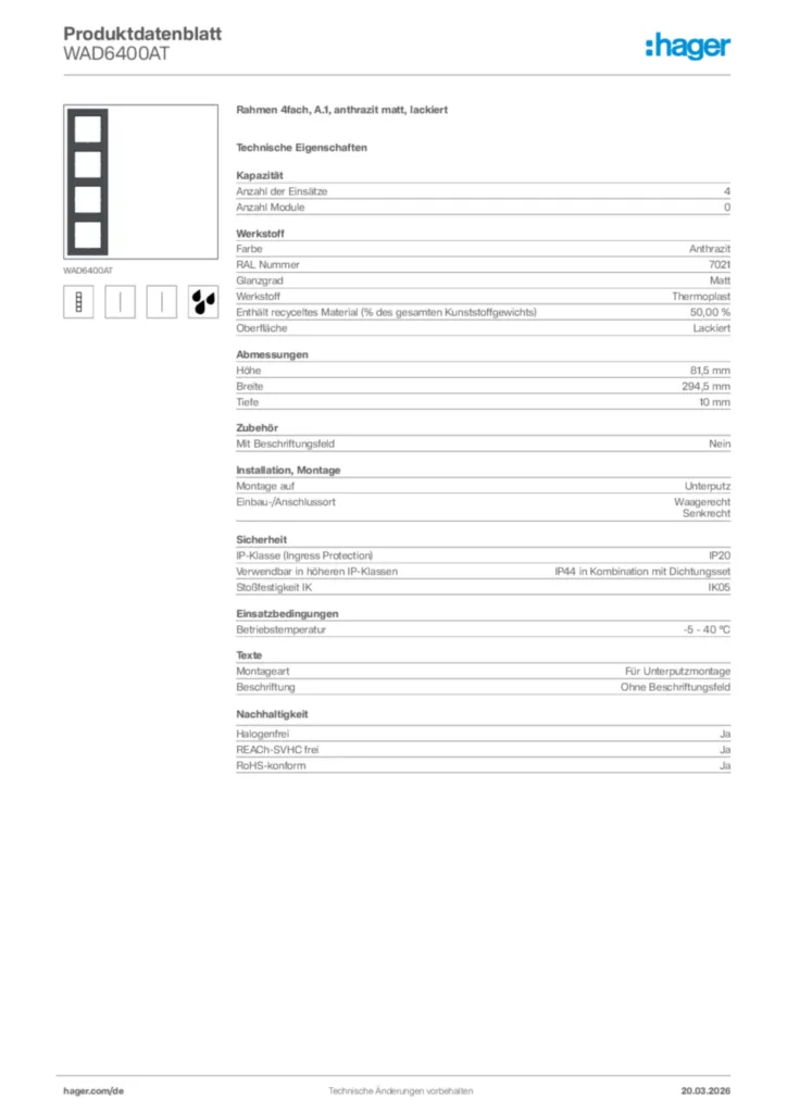 Bild Hager Produktdatenblatt WAD6400AT | Hager Deutschland