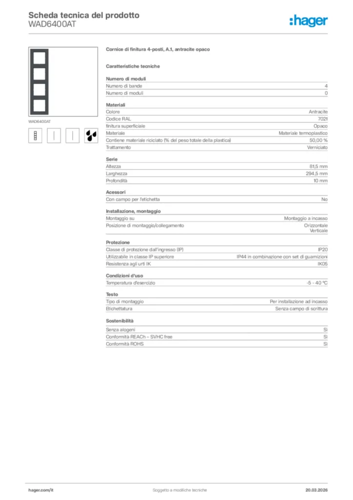 Immagine Hager Scheda tecnica del prodotto WAD6400AT | Hager Italia