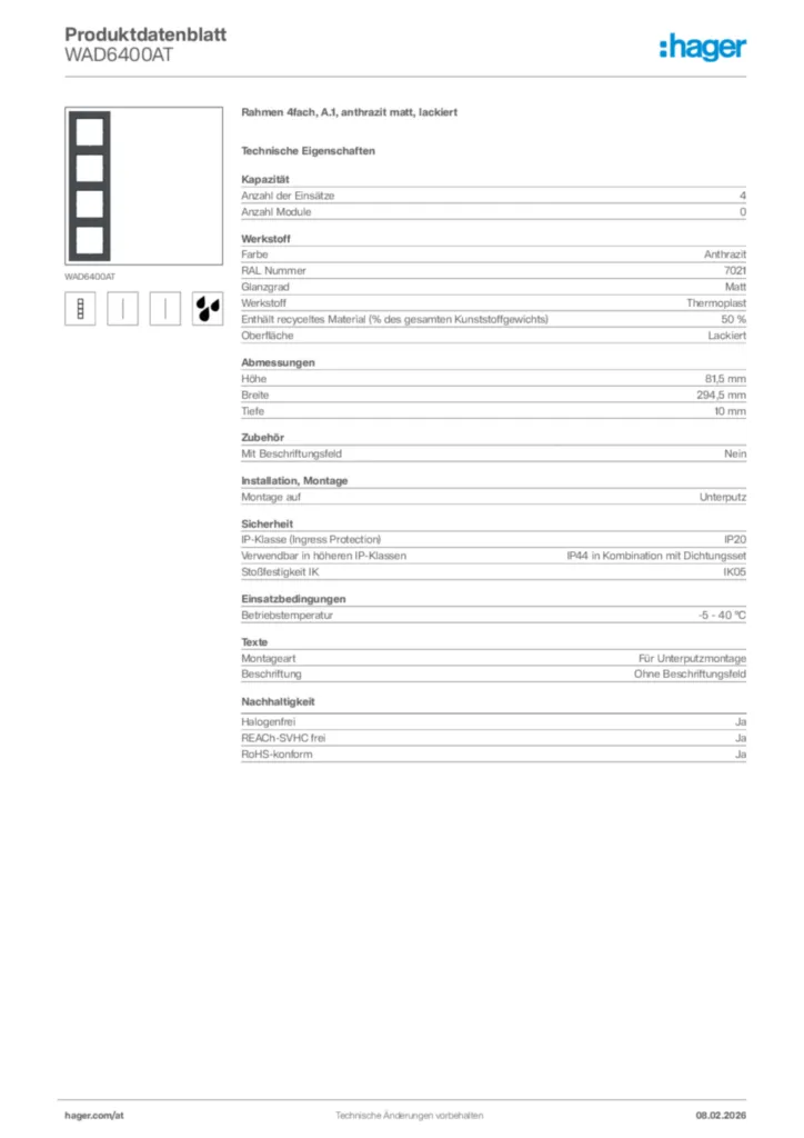 Bild Hager Produktdatenblatt WAD6400AT | Hager Deutschland