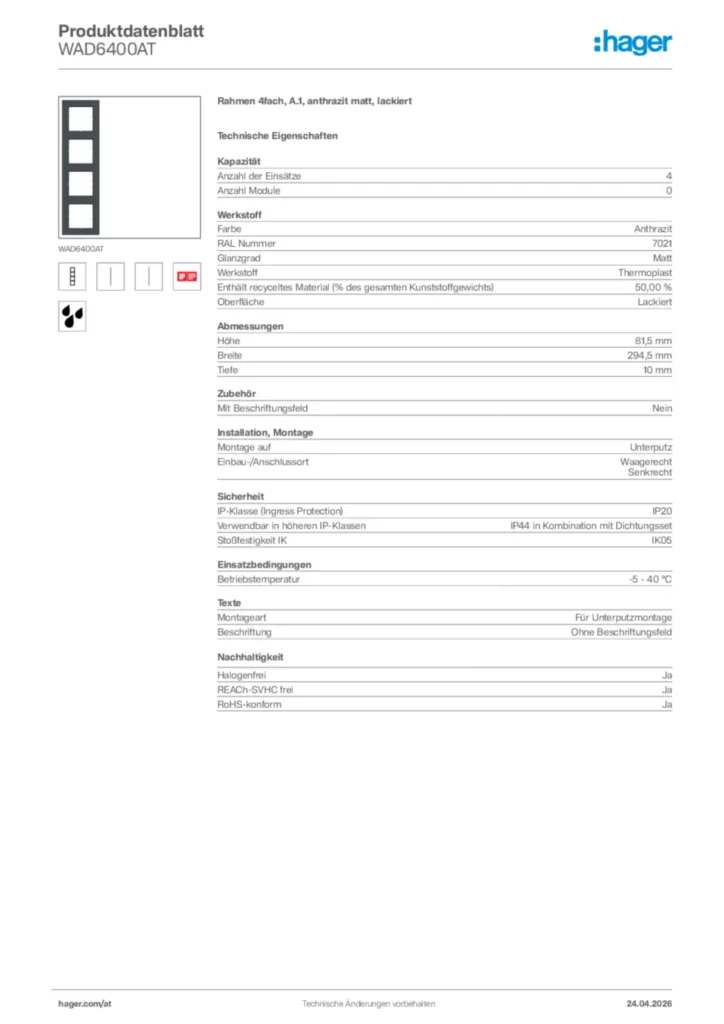 Bild Hager Produktdatenblatt WAD6400AT | Hager Deutschland