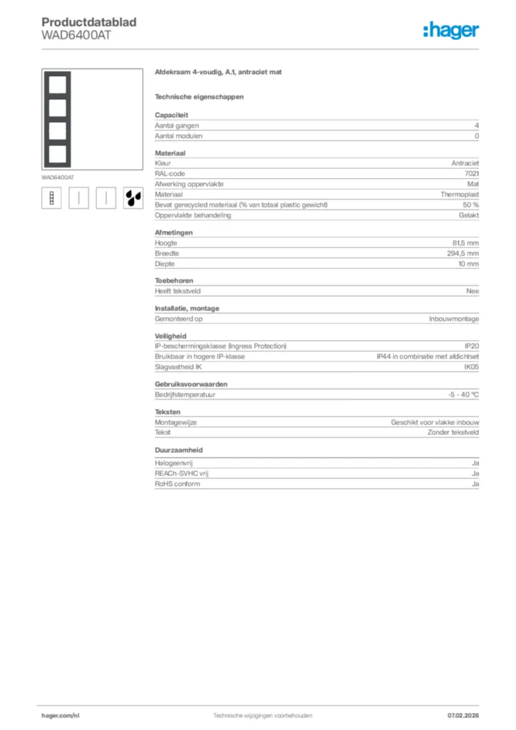 Afbeelding Hager Productdatablad WAD6400AT | Hager Nederland