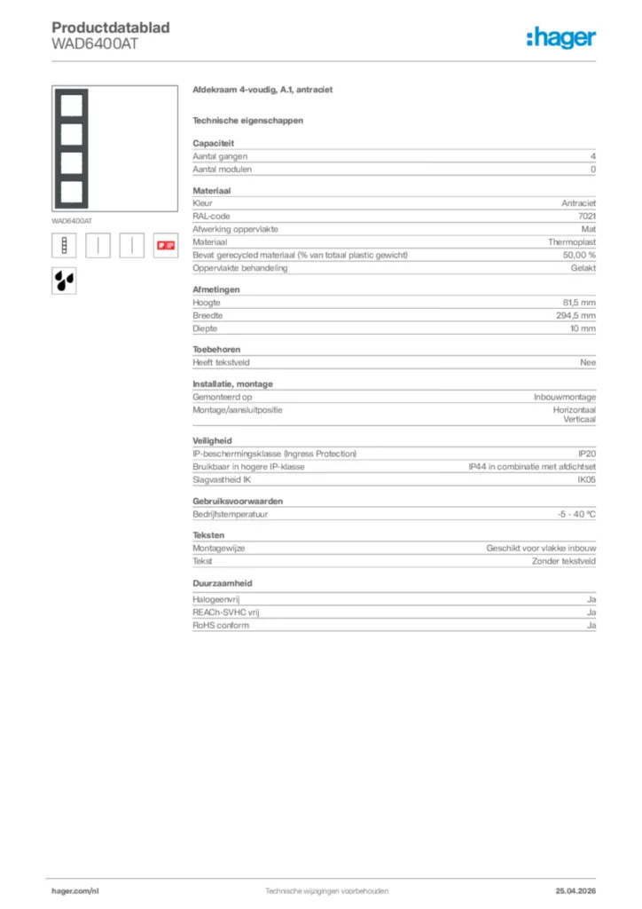Afbeelding Hager Productdatablad WAD6400AT | Hager Nederland