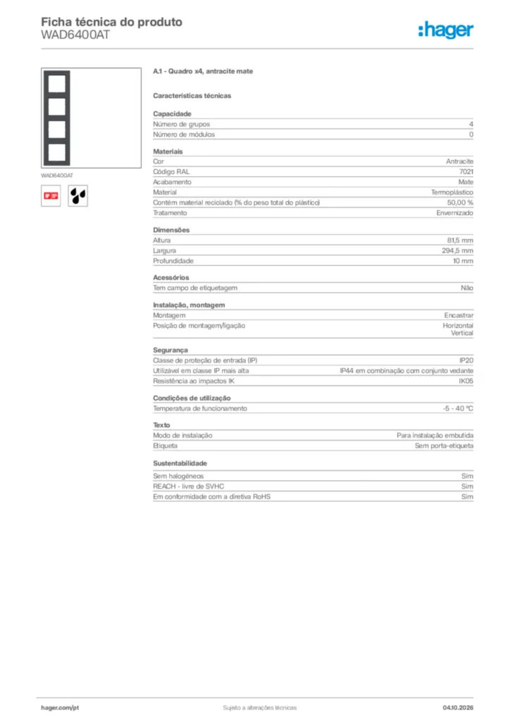 Imagem Hager Ficha técnica do produto WAD6400AT | Hager Portugal