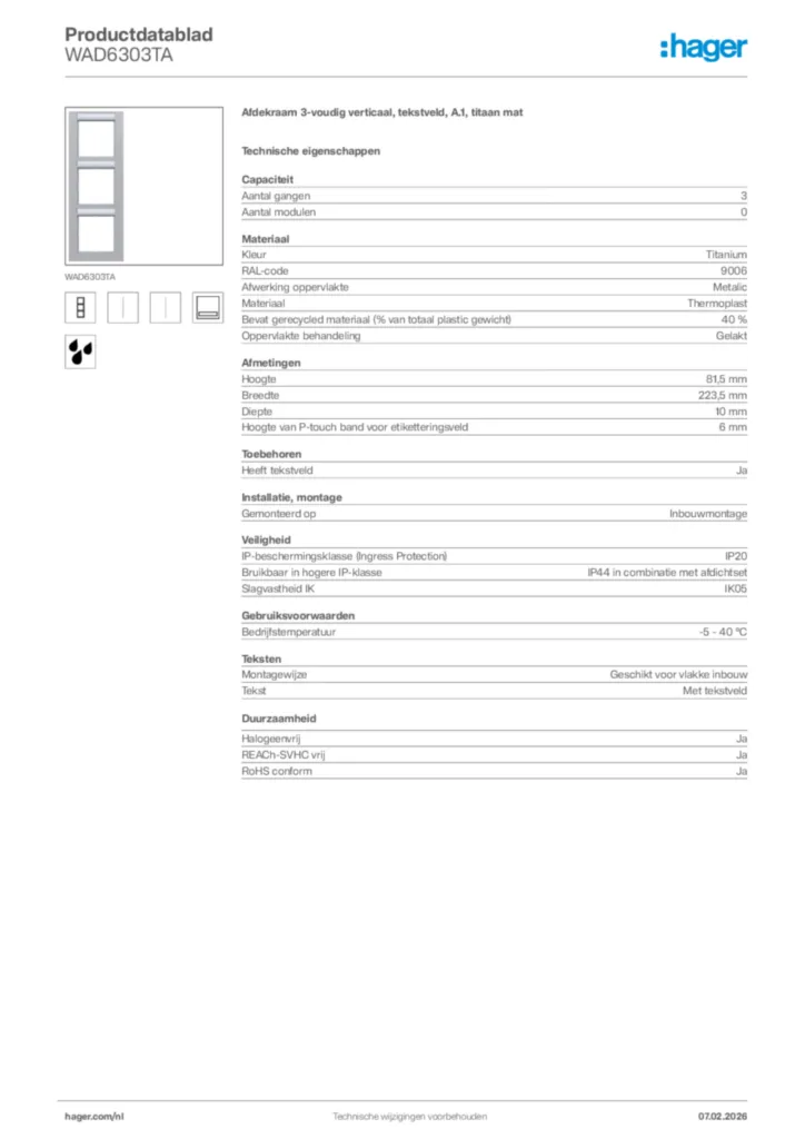 Afbeelding Hager Productdatablad WAD6303TA | Hager Nederland