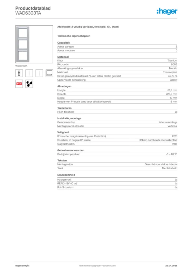 Afbeelding Hager Productdatablad WAD6303TA | Hager Nederland