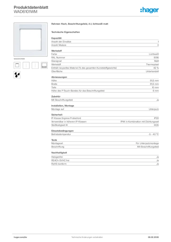 Bild Hager Produktdatenblatt WAD6101WM | Hager Deutschland