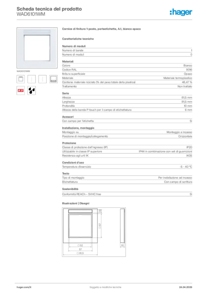 Immagine Hager Scheda tecnica del prodotto WAD6101WM | Hager Italia