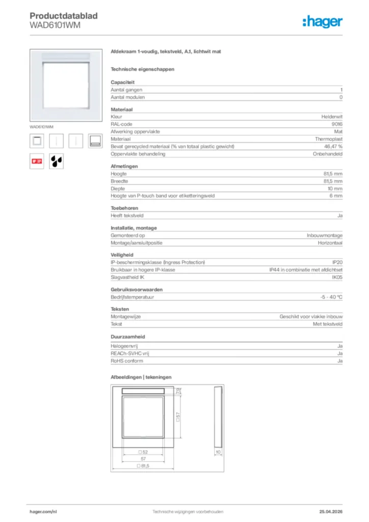 Afbeelding Hager Productdatablad WAD6101WM | Hager Nederland