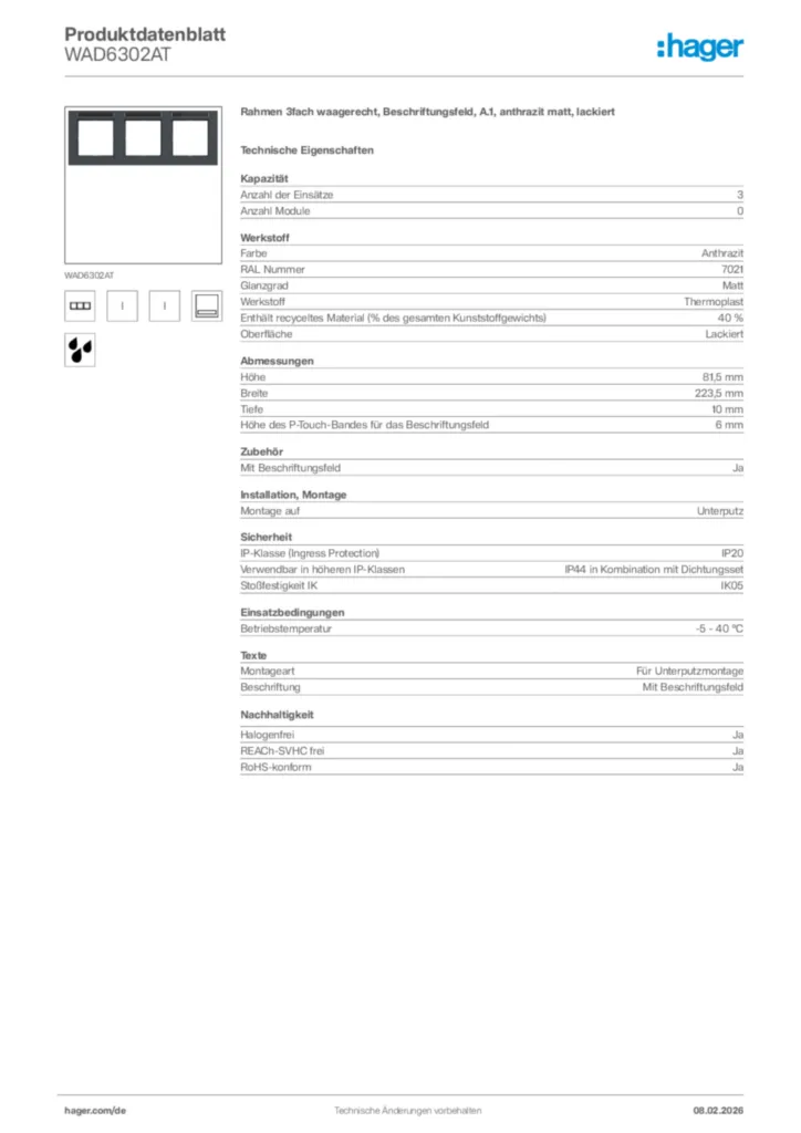 Bild Hager Produktdatenblatt WAD6302AT | Hager Deutschland