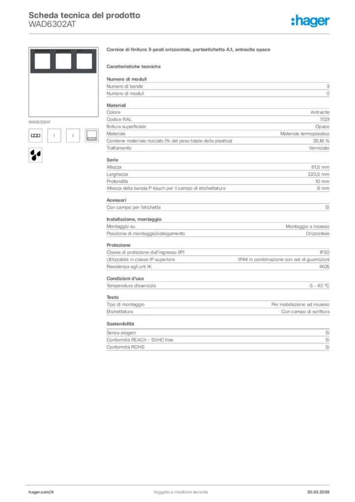 Immagine Hager Scheda tecnica del prodotto WAD6302AT | Hager Italia