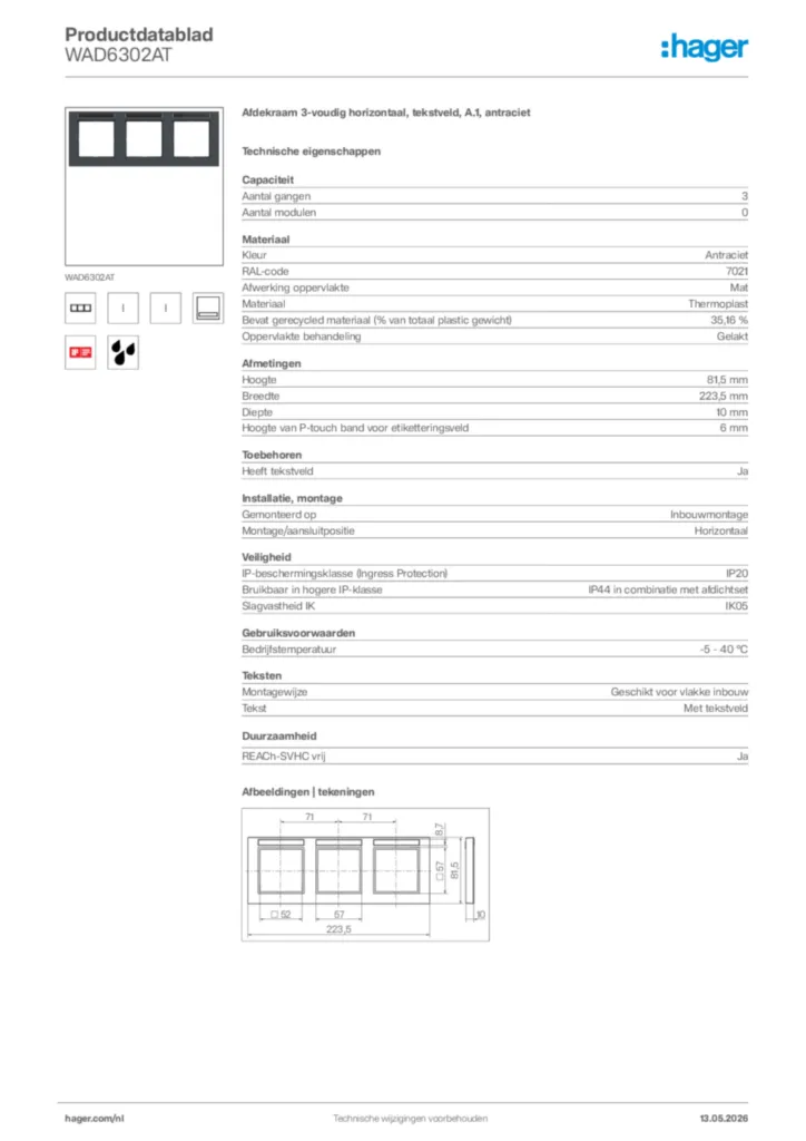 Afbeelding Hager Productdatablad WAD6302AT | Hager Nederland