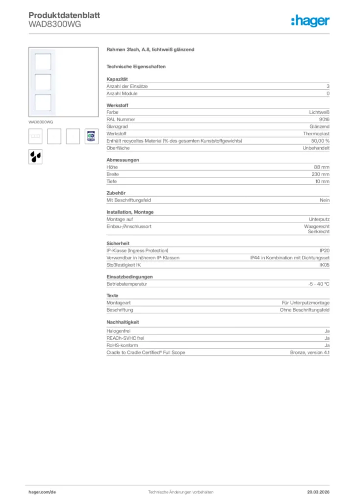 Bild Hager Produktdatenblatt WAD8300WG | Hager Deutschland