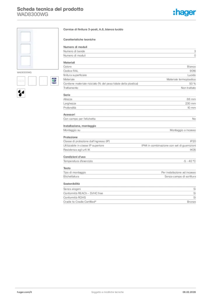 Immagine Hager Scheda tecnica del prodotto WAD8300WG | Hager Italia
