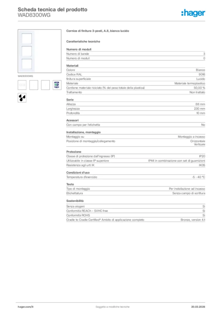 Immagine Hager Scheda tecnica del prodotto WAD8300WG | Hager Italia