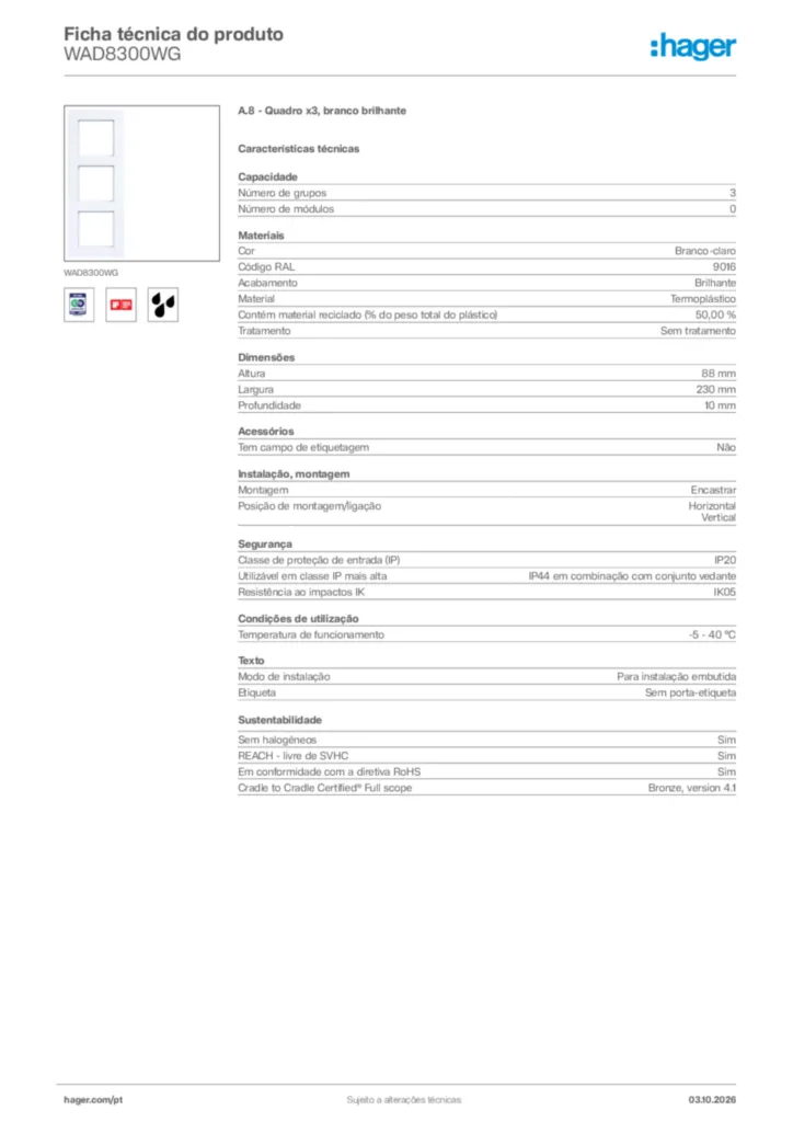 Imagem Hager Ficha técnica do produto WAD8300WG | Hager Portugal