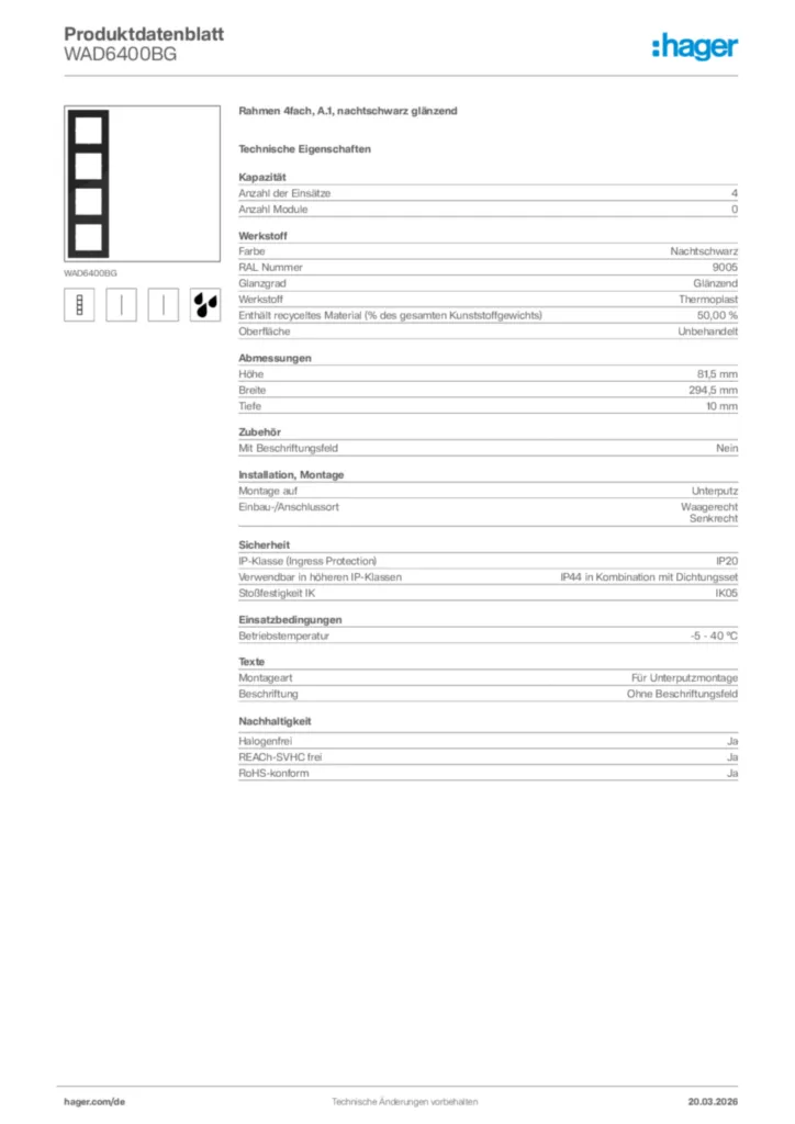 Bild Hager Produktdatenblatt WAD6400BG | Hager Deutschland