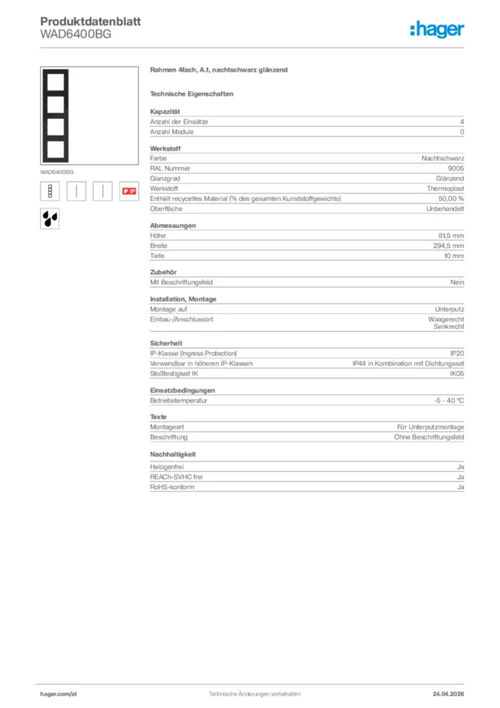 Bild Hager Produktdatenblatt WAD6400BG | Hager Deutschland