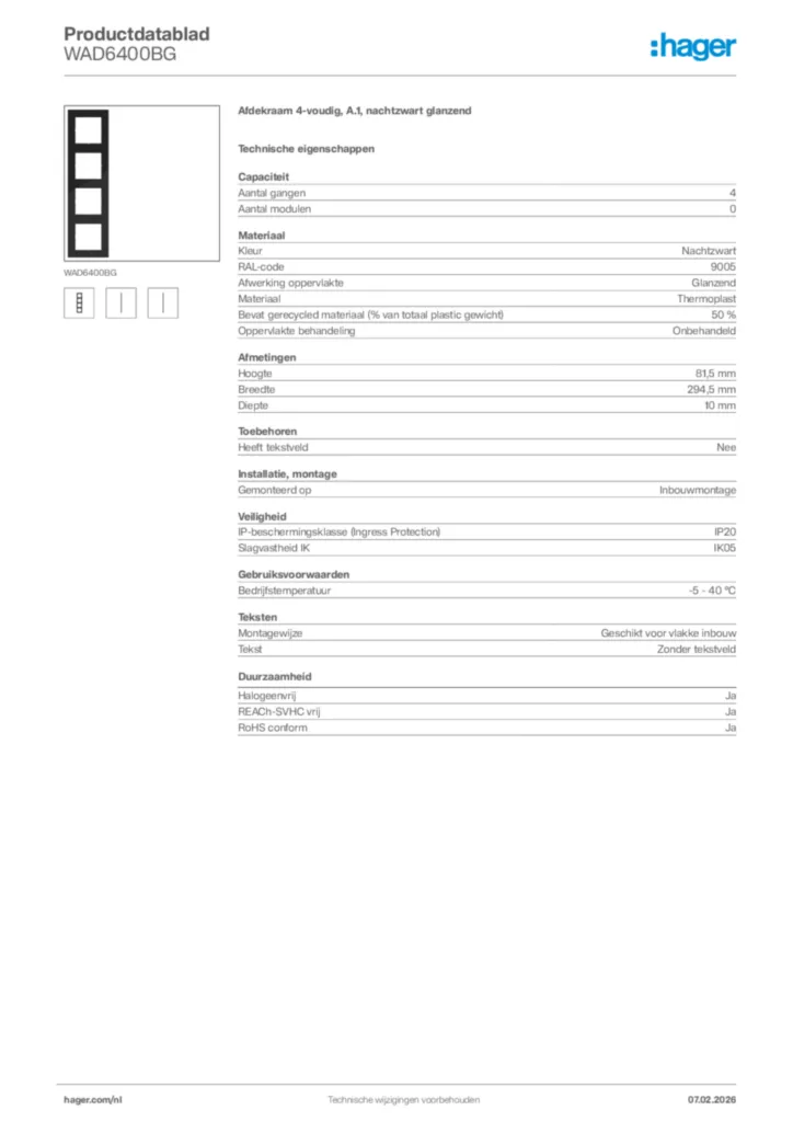 Afbeelding Hager Productdatablad WAD6400BG | Hager Nederland