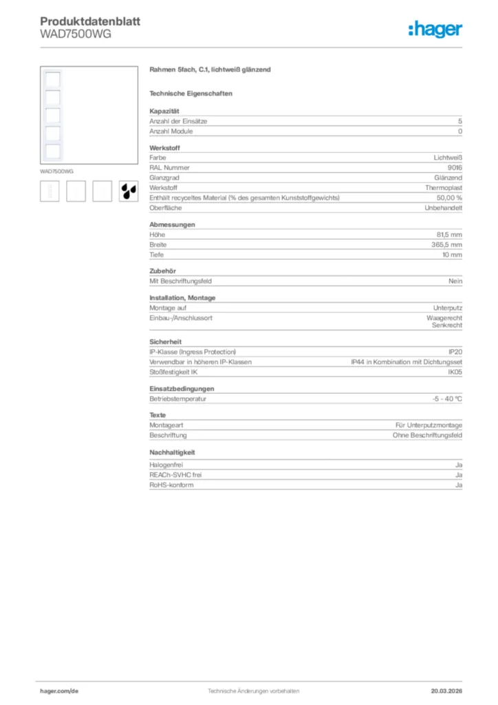 Bild Hager Produktdatenblatt WAD7500WG | Hager Deutschland