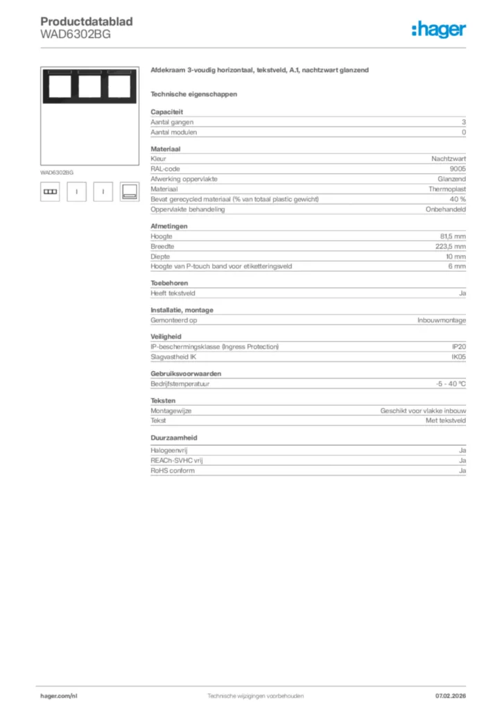 Afbeelding Hager Productdatablad WAD6302BG | Hager Nederland