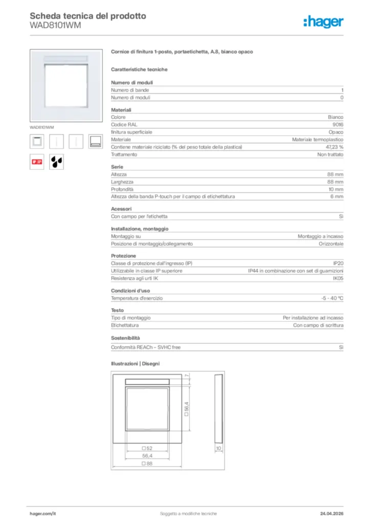 Immagine Hager Scheda tecnica del prodotto WAD8101WM | Hager Italia